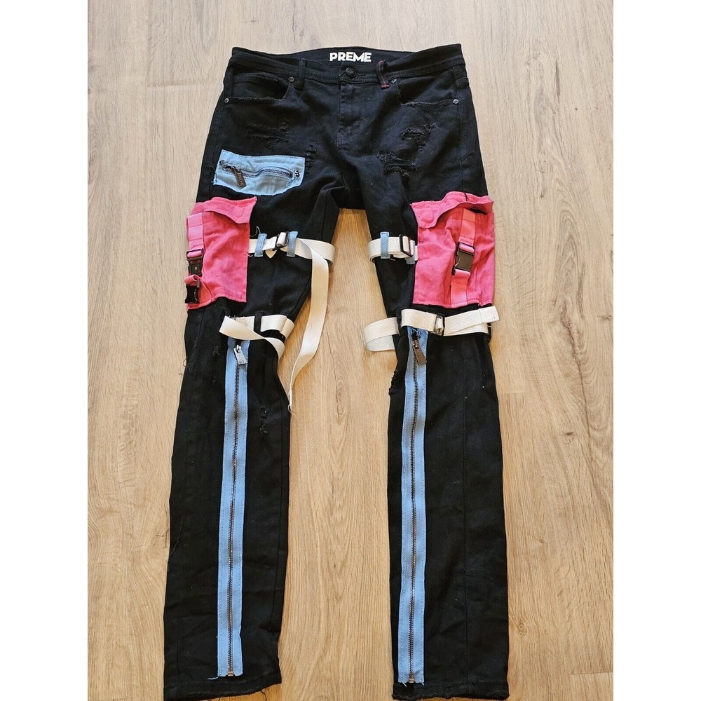PREME TRAVELER DENIM JEANS PR-WB-831 BLACK WITH DESIGNER BELT 32W x 32L